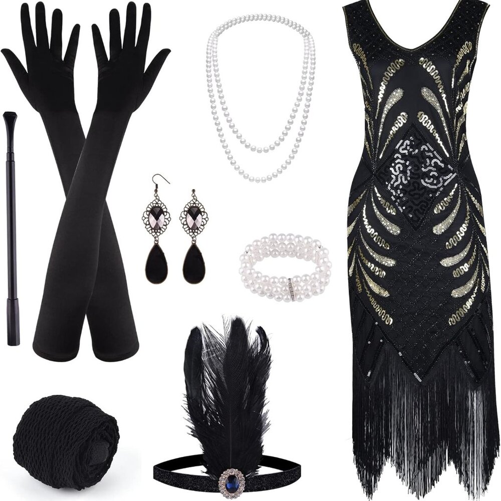 1920s V Neck Sequin Beaded Fringed Dress with 20s Accessories Set